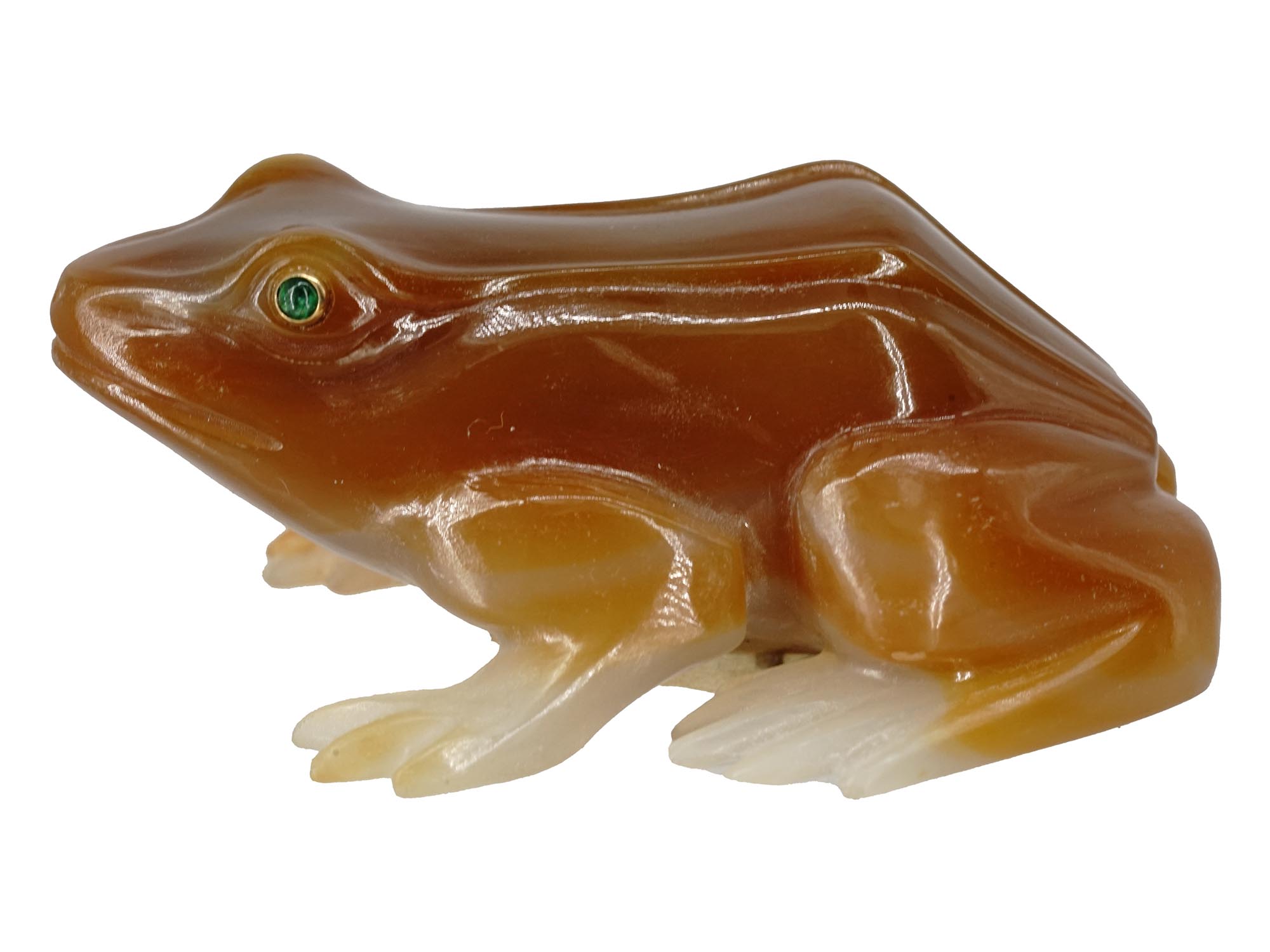 RUSSIAN CARVED AGATE EMERALD EYES FROG FIGURINE PIC-1